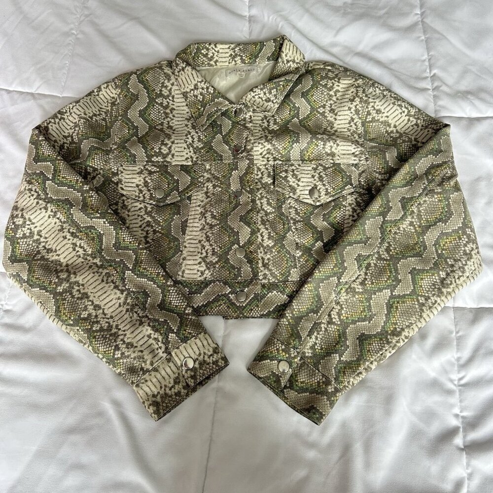 Honey Punch Womens Large Green Snake‎ Print Faux Leather Jacket Y2K Retro